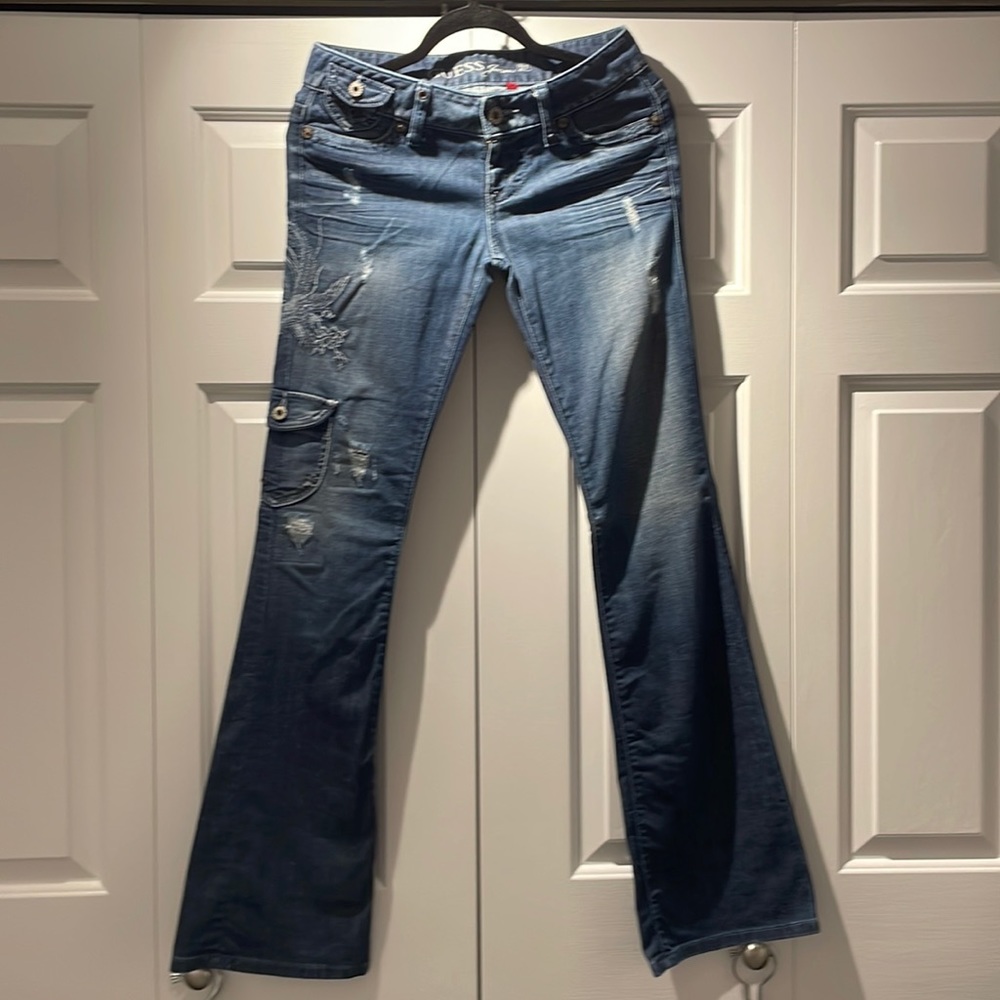 EUC Distressed Guess Embroidered Flare Legged Blue Denim Jeans